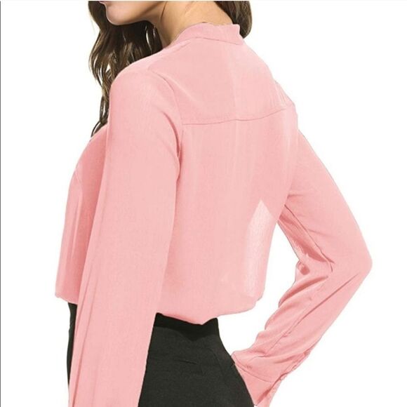 ACEVOG  Textured Chiffon Crepe Blouse MED Bow Long Sleeve Dusty Rose - Picture 11 of 12